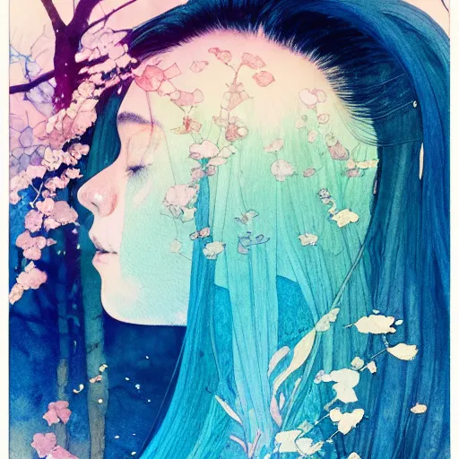 Image similar to side view a beautiful and inspiring intricate watercolor illustration artwork bright blue hair japanese girl in the forest, feeling the nature, eyes closed, 4 k, ultra - wide angle, by william turner, by victo ngai, by alphonse mucha, by miho hirano, hd, trending on artstation, hyper detailed, muted colors, inspiring, beautiful, energetic