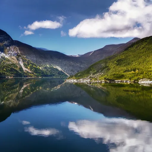 Image similar to A photo of a fjord in Norway. The sky is completely clear of clouds. Hyper realistic, 8k.