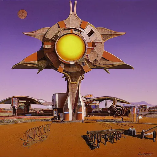 Prompt: painting of syd mead artlilery scifi organic shaped gas station with ornate metal work lands on a farm, fossil ornaments, volumetric lights, purple sun, beksinski