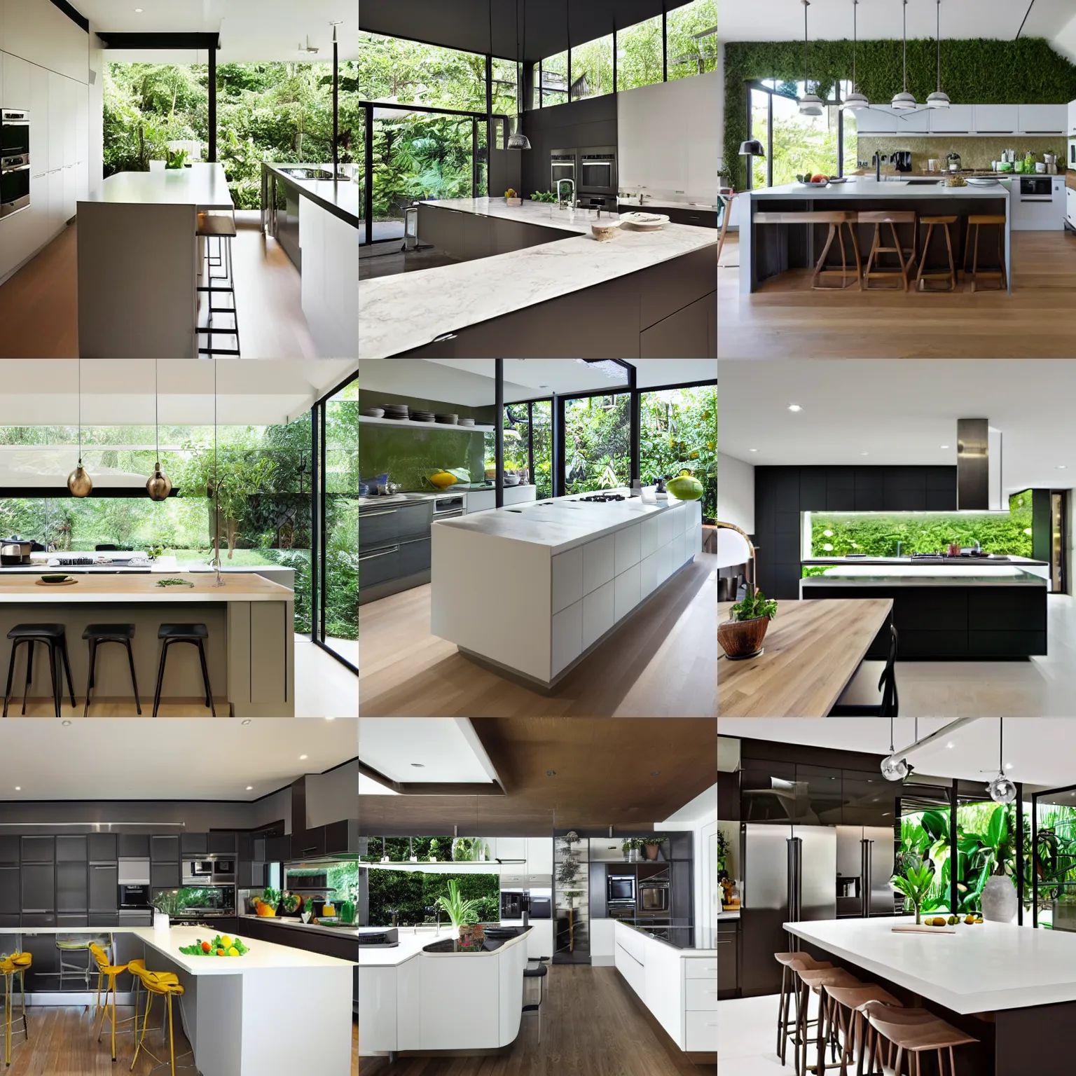 Prompt: A modern kitchen integrated with a lush jungle