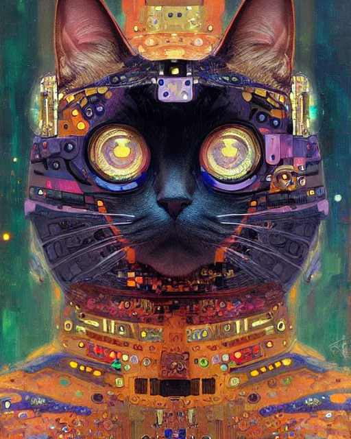 Prompt: cyberpunk cat portrait an oil painting splashes with many colors and shapes by gustav klimt greg rutkowski and alphonse mucha, polycount, generative art, psychedelic, fractalism, glitch art