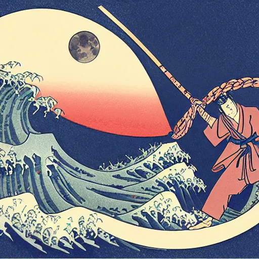 Image similar to greeting card by hokusai, samurai man vagabond with a moon behind him, the samurai is wrapped in chains, detailed, editorial illustration, matte print, concept art, ink style, sketch, digital 2 d