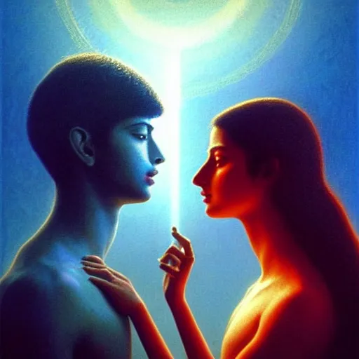 Image similar to perfectly - centered movie promotional poster - photograph of a young indian guy and a beautiful girl side profile faces symmetrical ; real life portrait by beksinski and jean delville, romantic theme, two lovers sharing one heart, unreal engine 5, photorealism, hd quality, 8 k resolution, cinema 4 d, hdr dramatic lighting ; symmetrical, cinematic, high coherence