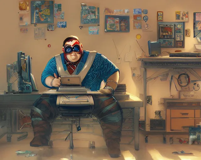 Image similar to an insanely detailed painting of a slightly chubby, nerdy asian man wearing a superhero costume and mask, sitting at a desk, staring at the nervously at the computer and typing, in the style of peter mohrbacher, dramatic lighting and composition, octane render, trending on artstation, concept art, comic book, view from back