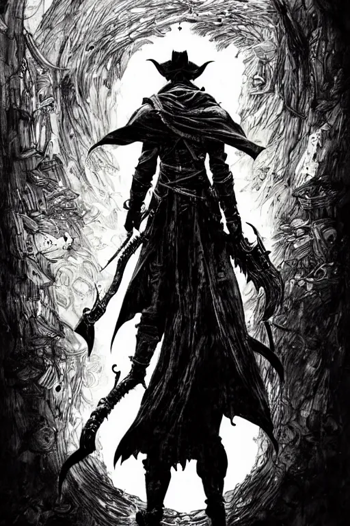 Image similar to portrait of a bloodborne hunter, sumi - e style, masterful, intense, concept art, detailed, intricate linework, art by yoji shinkawa