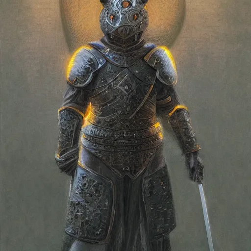 Image similar to holy knight black armor, anthropomorphic shiba inu, shiba inu face, stuning 3 d render, masterpiece, glowing holy aura, by donato giancola and greg rutkowski and wayne barlow and zdzisław beksinski, realistic face