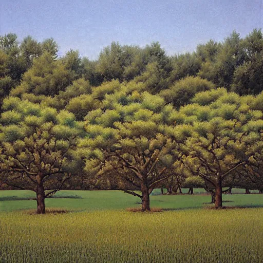 Prompt: dismal pine green by david ligare, by steve hanks. a beautiful photograph depicting a farm scene. the photograph shows a view of an orchard with trees in bloom.