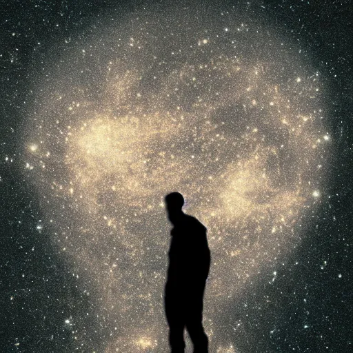 Image similar to silhouette of man, filled with deep space field of twinkling stars, award-winning portrait of face, fantasy horror, 8k, 4k, trending on artstation, matte finish, pixiv, unnerving, volumetric lighting, highly detailed