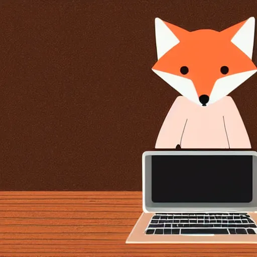 Prompt: A light pink anthropomorphic fox sits at a desk typing on a laptop with a cup of coffee