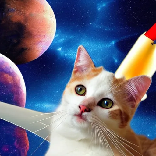 Prompt: a cat on a rocket in outerspace going to mars