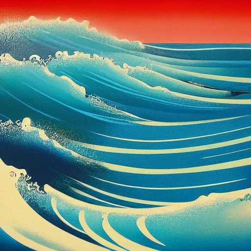 Image similar to waves crashing on the shore, shades of blue, by eyvind earle