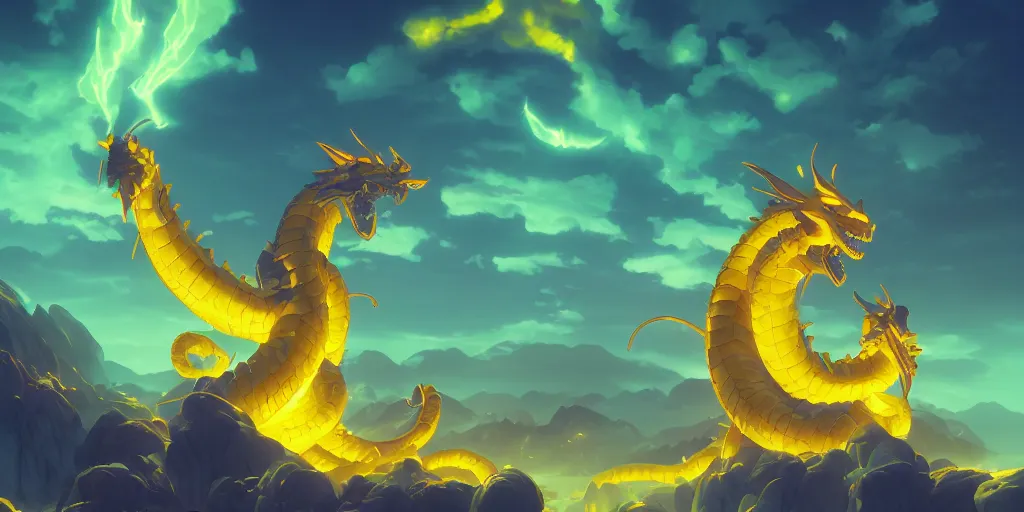 Image similar to shenron dragon glowing yellow, reaching to sky, octane render, unreal engine 5, hyperdetailed, masterpiece, matte painting concept blizzard pixar maya engine on night stylized background splash artstation lois van baarle, ilya kuvshinov, rossdraws