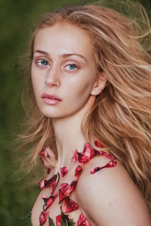 Prompt: olive skinned strawberry - blonde female model in her twenties, wearing a gucci dress, looking content, focused on her neck, photo realistic, extreme detail skin, natural beauty, no filter, slr, golden hour, 4 k, high definition, selfie
