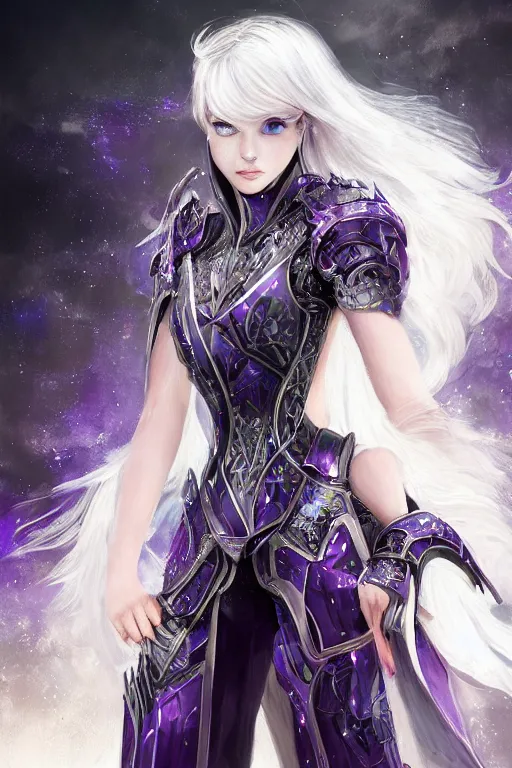 Image similar to portrait evilly white hair knights of Zodiac girl, metalic deep purple and black reflected armor, in ruined Agora of Athens thunder sparkling flash night, ssci-fi and fantasy and intricate and very very beautiful and elegant, highly detailed, digital painting, artstation, concept art, smooth and sharp focus, illustration, art by tian zi and WLOP and alphonse mucha