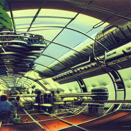 Image similar to ultra wide angle interior view of a space station, hanging gardens, oxen, by syd mead