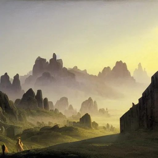 Image similar to sharp pointy mountains with a village piercing through the clouds, wooden platforms, tents, colors, misty clouds, sun at dawn, brutalism, painting by caspar david friedrich