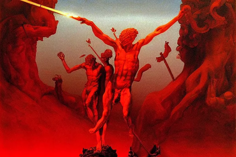 Image similar to only with red, a red melted apollo with a laurel wreath and a flaming sword announce win, athens in background, in the style of beksinski, parts by edward hopper, parts by rodcenko, parts by yue minjun, intricate and epic composition, red by caravaggio, insanely quality, highly detailed, masterpiece, red light, artstation, 4 k