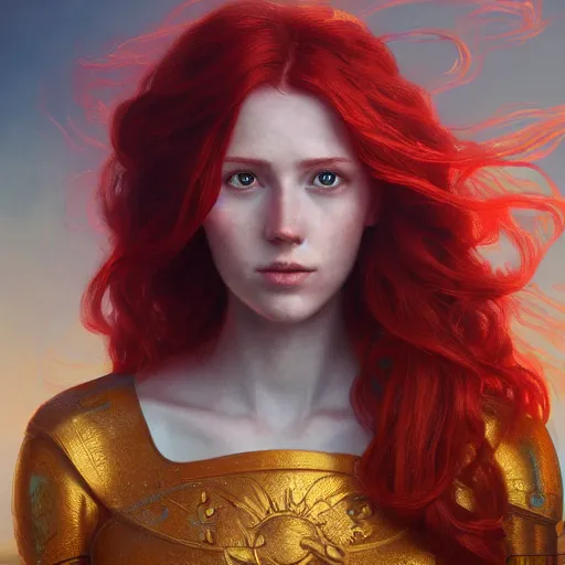 Image similar to highly detailed painting of a red-haired young woman wearing a blue tunic, in a field of golden tentacles, octane render, trending on artstation, by Artgerm,Greg Rutkowski,Alphonse Mucha, 4k resolution