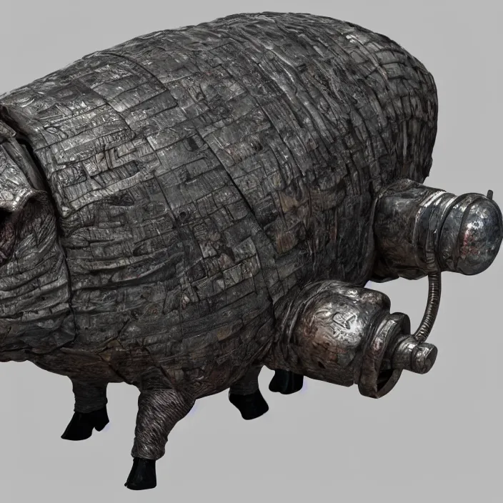 Prompt: armored pig with bazooka, photorealism by h. r. giger, tim burton, full colour spectrum, iridescent specular highlights, supersampled, 8 k, beautify