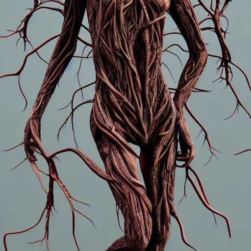 Image similar to digital art, Abstract art, humain female body made of roots, intricate roots, trending on artstation, -640