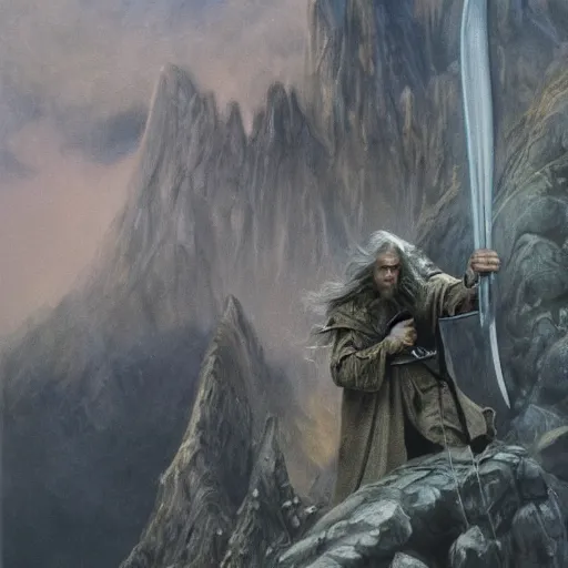 Image similar to beautiful gandalf with a sword in his hand on a bridge fighting the balrog, by alan lee, lord of the rings, smooth, detailed terrain, oil painting, matte painting, concept art, trending on artstation