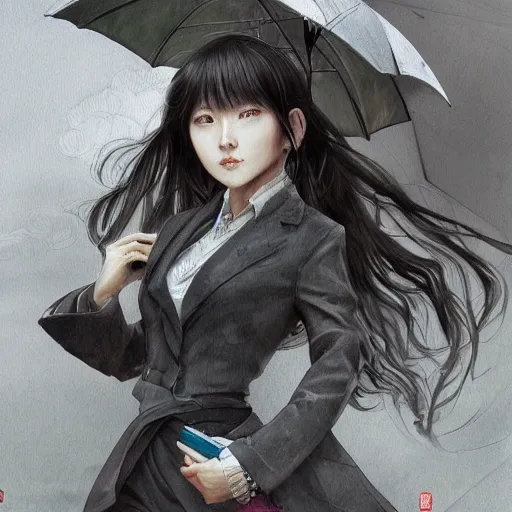 Image similar to dynamic composition, motion, ultra-detailed, incredibly detailed, a lot of details, amazing fine details and brush strokes, colorful and grayish palette, smooth, HD semirealistic anime CG concept art digital painting, watercolor oil painting of a young office lady, by a Chinese artist at ArtStation, by Huang Guangjian, Fenghua Zhong, Ruan Jia, Xin Jin and Wei Chang. Realistic artwork of a Chinese videogame, gradients, gentle an harmonic grayish colors.