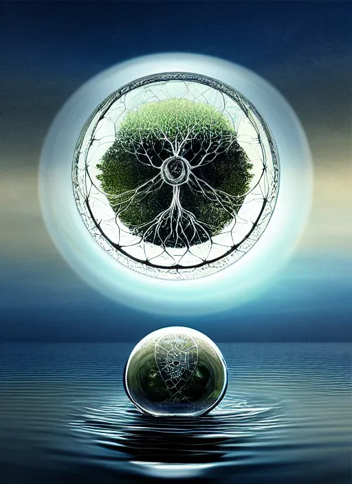 Image similar to transparent horizontally centered crystal sphere floating over a serene lake, tree of life inside the ball, intricate details, radiant light, reflections on the water, ripples, moody sky, hyperdetailed illustration by yuumei, by mark brooks, john harris, artstation, low global light, coherent composition
