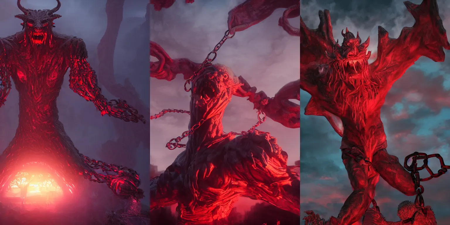 Prompt: Giant demonic statue. Howling. Enchained, chains, restrained. Bloom, volumetric lighting. Red, magenta lighting. Fantasy, digital painting, HD, 4k, detailed.