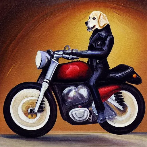 Image similar to “an English cream golden retriever riding a motorcycle wearing a leather jacket on a desert road, oil painting”