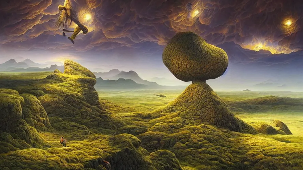 Prompt: fantasy landscape with anthropomorphic!!! terrain!!! in the styles of igor morski, jim warren, and rob gonsalves, intricate, hyperrealistic, volumetric lighting, big sky, distinct horizon