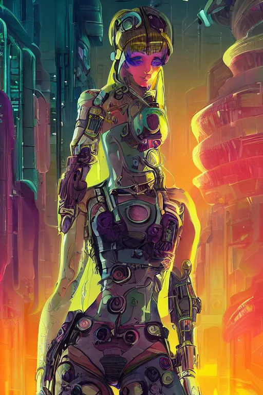 Image similar to attractive female android in feminine pose on a hyper-maximalist overdetailed retrofuturist scifi bookcover illustration from '70s. Inspired by shadowrun darkscifi utopia.. Biopunk, solarpunk style. Daytime. Made by echo chernik. Artstation.