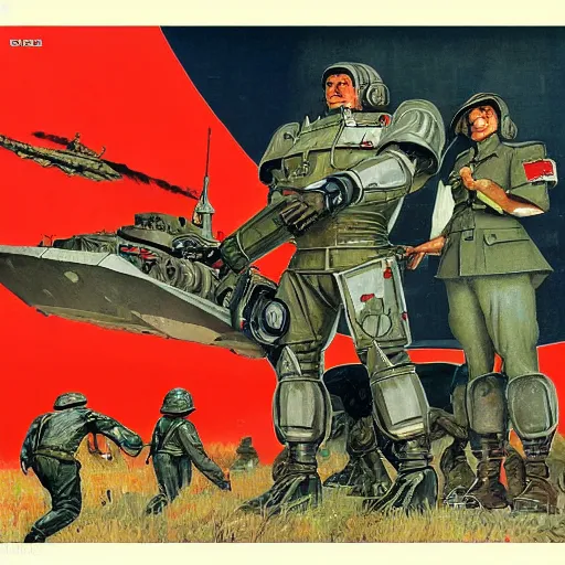 Image similar to Soviet mechs in the style of Norman Rockwell, world war 2, WWII, propaganda poster, sci-fi illustrations, highly detailed, award-winning, patriotic, soviet, ussr, dark, gritty, ink