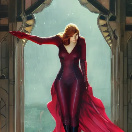 Image similar to Erin Moriarty as Scarlet Witch, Marvel Universe, highly detailed, digital painting, artstation, concept art, smooth, sharp focus, illustration, ArtStation, art by artgerm and greg rutkowski and alphonse mucha and J. C. Leyendecker and Edmund Blair Leighton and Katsuhiro Otomo and Geof Darrow and Phil hale and Ashley wood and Ilya repin and Charlie Bowater