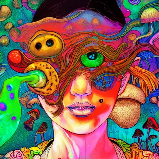 Prompt: girl with mushrooms, expressive digital art, psychedelic, lsd, by yoshitaka amano, by dan mumford, close - up portrait, trending on artstation, 4 k