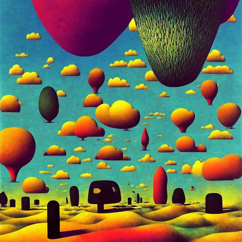 Prompt: surreal glimpse into other universe, zeppelin, island, summer morning, very coherent and colorful high contrast, art by! gediminas pranckevicius, rene magritte! paul klee geof darrow, volumetric lighting, cinematic, floralpunk screen printing woodblock, dark shadows, hard lighting, stipple brush