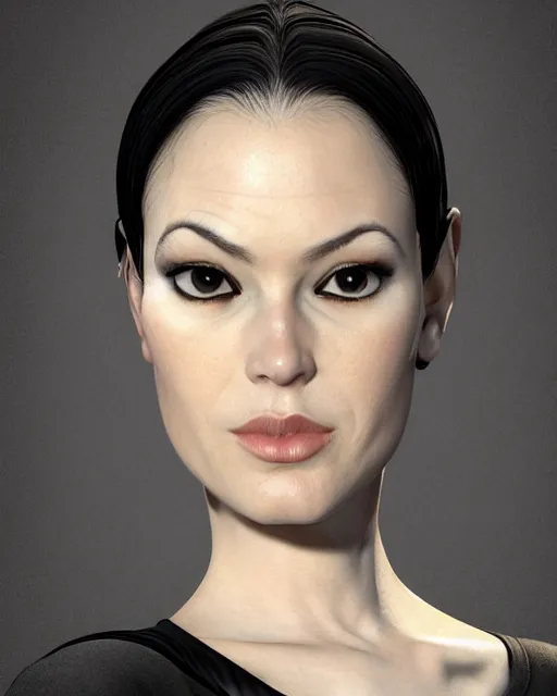 Image similar to portrait of a tall 4 0 - year - old woman with thin lips, long, lush black hair gathered on the head bun, and thick eyebrows, haughty facial expression, wearing in black clothes, aristocratic appearance, hyper realistic face, beautiful eyes, character art, art by mark brooks, hyperdetailed, cryengine, trending on artstation, digital art