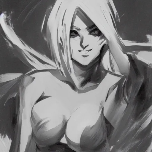 Prompt: greg manchess painting of an anime woman, direct flash photography at night, film grain, black and white