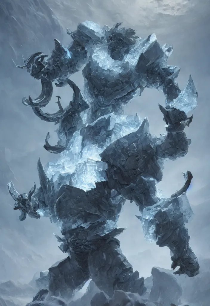 Image similar to an ice giant made of ice and crystal from dungeon and dragons character, armor made of ice, muscles, concept art in style of Greg Rutkowski, ultracrisp, high contrast lighting, John Singer Sargant, ilya kuvshinov, painted by Frank Frazetta, trending on artstation!!