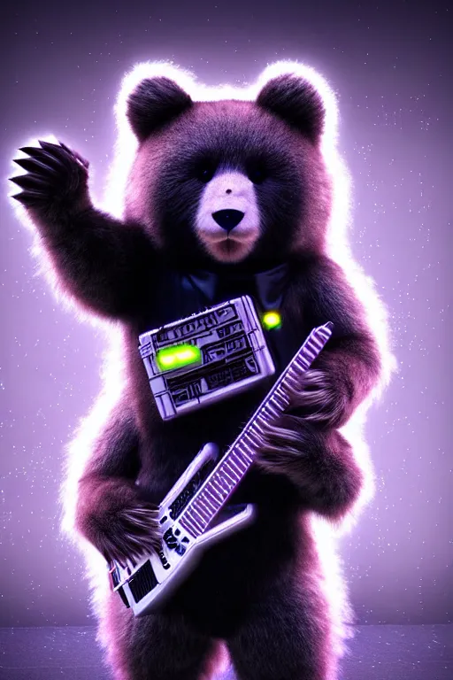 Image similar to high quality 3 d render very cute fluffy cyberpunk! bear!! plays electric guitar, cyberpunk highly detailed, unreal engine cinematic smooth, in the style of blade runner & detective pikachu, hannah yata charlie immer, moody light, low angle, uhd 8 k, sharp focus