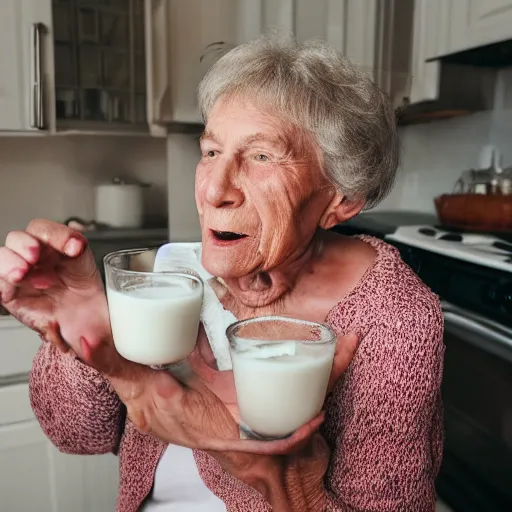 Prompt: grandma smashing her face into billy while drinking tons of milk and spilling it all over the floor, messy, wet