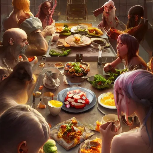 Prompt: A table-spread of amazing food hot and fresh, huggy wuggy from poppy playtime video game, fullbody, ultra high detailed, oil painting, Greg Rutkowski, Charlie Bowater, Yuumei, Yanjun Cheng, unreal 5, DAZ, hyperrealistic, octane render, RPG portrait, dynamic lighting, fantasy art, beautiful face