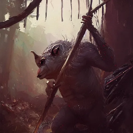 Prompt: the elder goblin wearing chainmail whilst twirling a spear interior of an orc encampment greg rutkowski ismail inceoglu ishbel myerscough