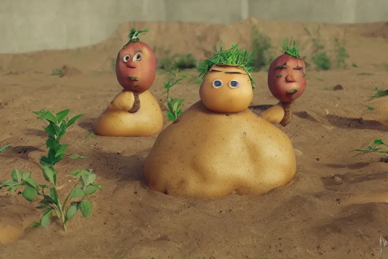 Image similar to the potato king which is a potato appears before the large crowd of his subjects in all his glory wearing his crown, concept art, blender, glossy googly eyes, realistic dirt, realistic potatoes.