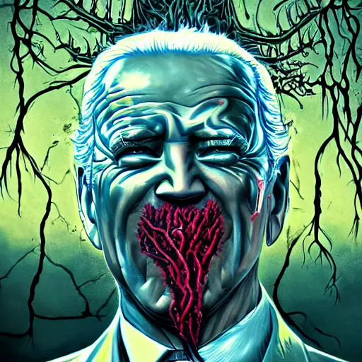 Image similar to biden became bloody ugly lovecraftian degenerate abomination, photo - realistic, color image, 2 k, highly detailed, bodyhorror, occult art, fractal structure