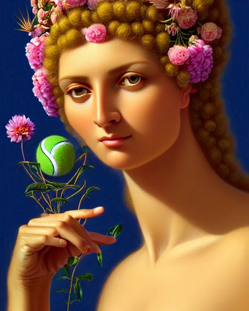 Image similar to portrait of the goddess of tennis, unusual beauty, flowers and plants, emotionally evoking symbolic metaphors, head in focus, fantasy, ornamental, intricate, elegant, sensual, highly detailed digital painting, artstation, concept art, painterly, golden ratio, sharp focus, illustration, art by John William Godward and Boris Vallejo and Zdzisław Beksiński,