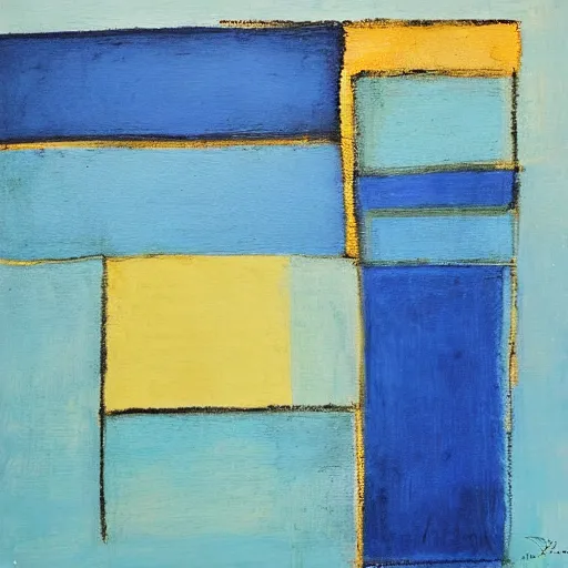 Image similar to In this mixed mediart, the artist has used a simple palette of colors to create a feeling of calm and serenity. The soft hues of blue and green are reminiscent of a cloudy sky, while the orange and yellow suggest the warm glow of the sun. The vertical stripes of color are divided by thin lines of black, which give the impression of deep space. The overall effect is one of peacefulness and balance. pale by Henry Justice Ford, by Mordecai Ardon natural