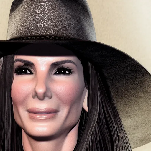 Prompt: Closeup of Sandra bullock wearing a black cowboy hat in wild wild west 1999, an ambient occlusion render by Miyamoto, polycount, superflat, prerendered graphics, physically based rendering, unreal engine 5