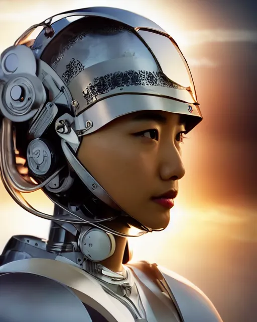 Image similar to centered medium shot fine studio photograph of a beautiful asian girl wearing only a mecha electronic samurai helmet with led lights, ultra-realistic, white background, 8k HDR sunset lit, intricate