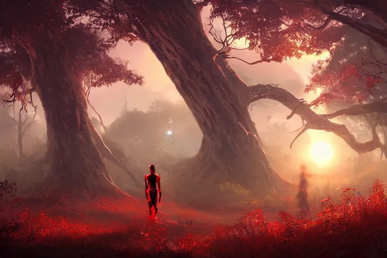 Image similar to gorgeous scarlet organic android robot walking throught the forest during a beautiful sunset, jungle mountains in the background with immense trees, highly detailed, trending on art station, flying birds in the distance