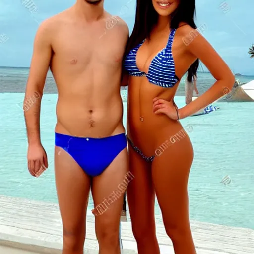 Image similar to photo of a 2 2 year old man that looks young for his age dating a very attractive and completely legal 1 8 year old woman wearing a bikini.